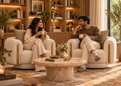 Pair of Bari Armchairs with two people having coffee in a warm home lounge