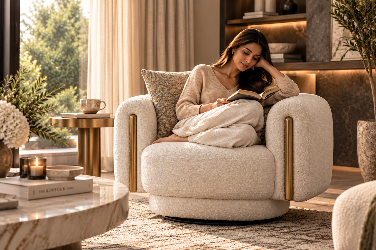Bari Armchair with a woman reading in a warm contemporary home interior