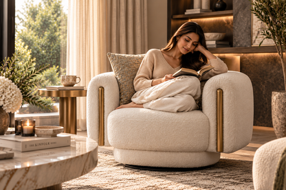 Bari Armchair with a woman reading in a warm contemporary home interior