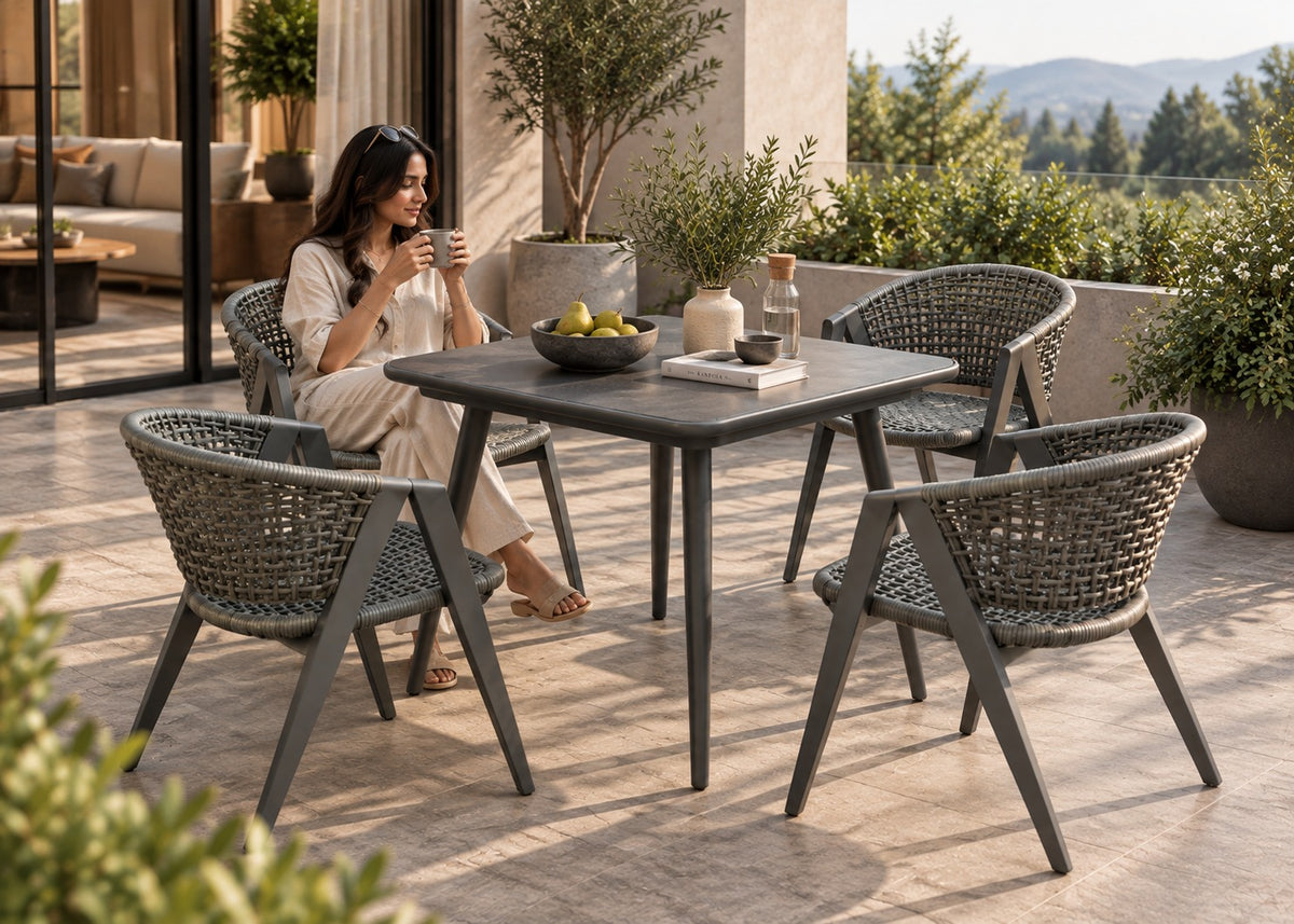 A 5-piece outdoor patio dining set with a square gray table and four woven gray chairs, shown on a stone patio with a woman sitting at one of the chairs.