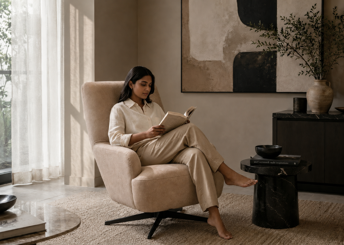 Woman reading a book in a cozy living room.
