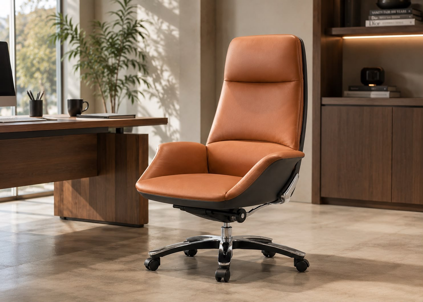 A modern high-back office chair upholstered in warm tan leather with a black side frame and black wheeled base, shown in a styled home office setting with a desk, plant, and wood cabinetry.