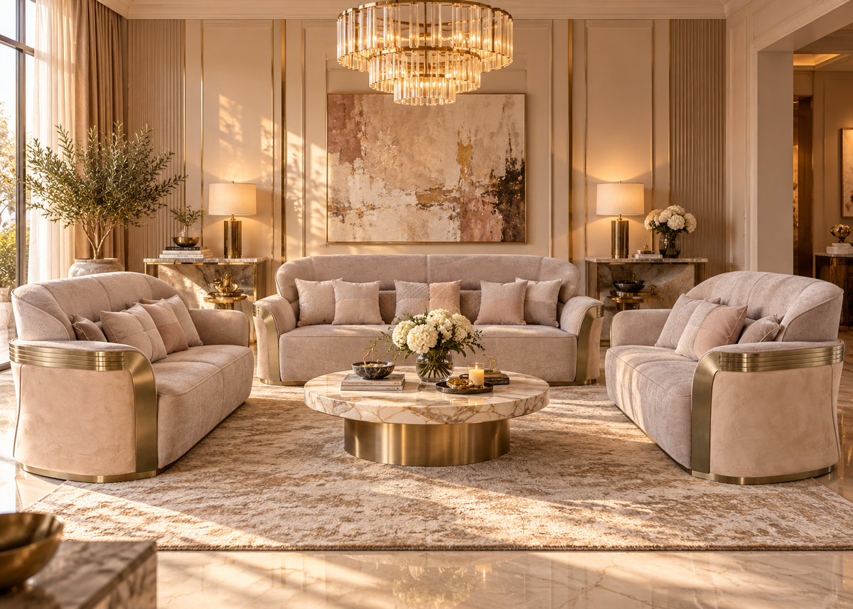 Bellara luxury blush 3+2+2 sofa set with brushed champagne gold trim in a formal living room