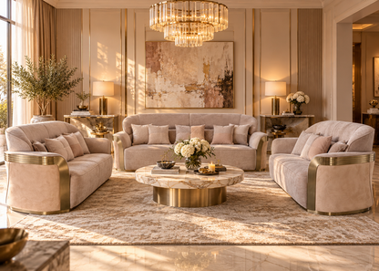 Bellara luxury blush 3+2+2 sofa set with brushed champagne gold trim in a formal living room