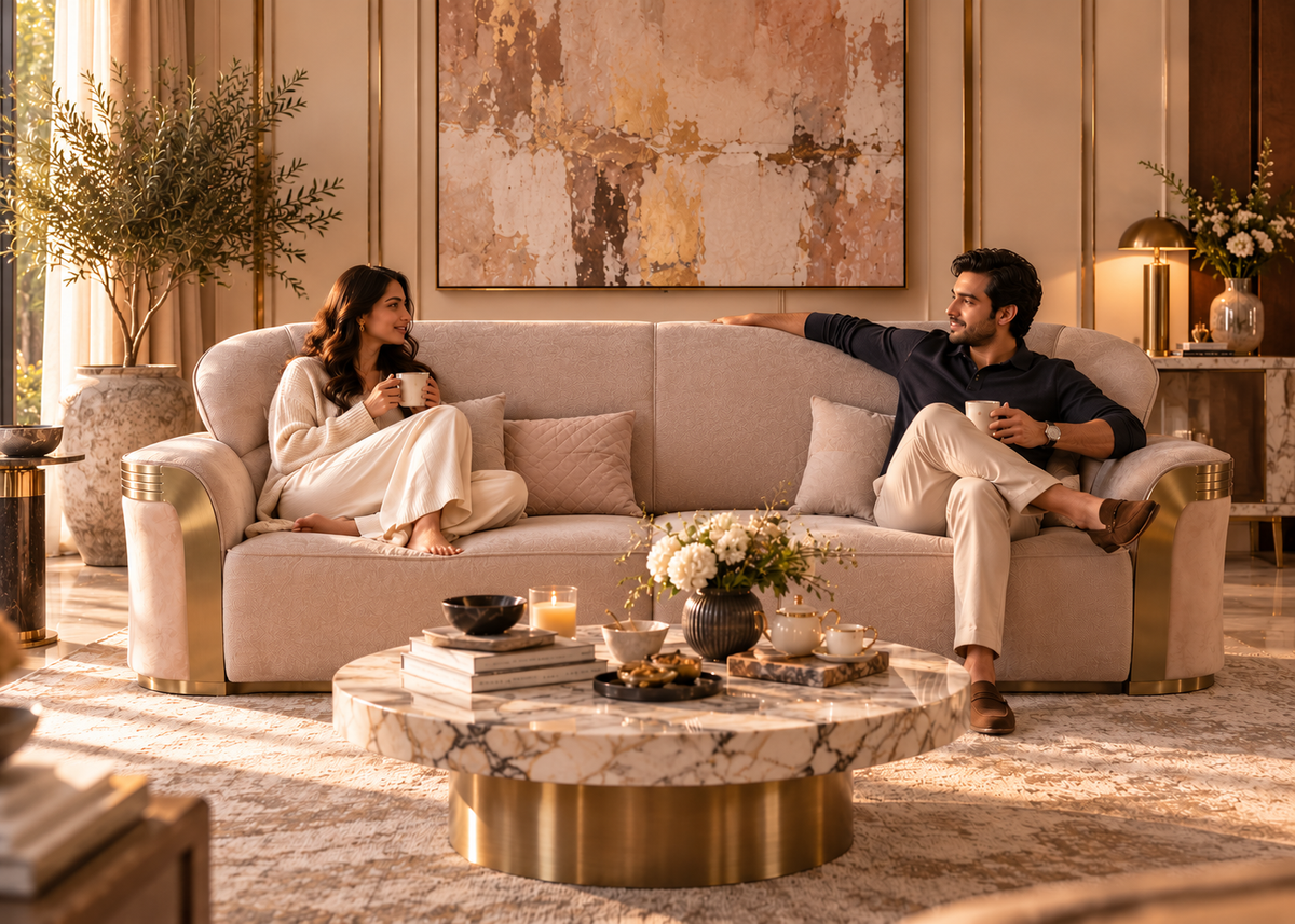 Bellara sculptural blush gold three-seater sofa with two broad back panels in a luxurious family living room