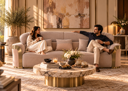 Indian couple on Bellara blush taupe three-seater showing two wide seat and back divisions and satin champagne gold arms