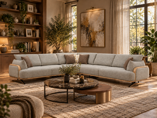 Bronco L-Shape luxury sectional sofa in a warm plant-filled modern living room