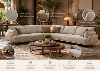 Bronco L-Shape sectional sofa design details showing upholstery, cushions, wood accents and metal base