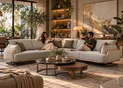 Bronco L-Shape sectional sofa styled in a cozy luxury living room with two people relaxing