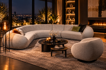 Bubble Corner curved L shape sofa in a cinematic evening luxury interior