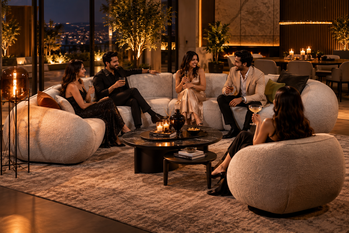 Bubble Corner curved L shape sofa styled for an elegant evening gathering