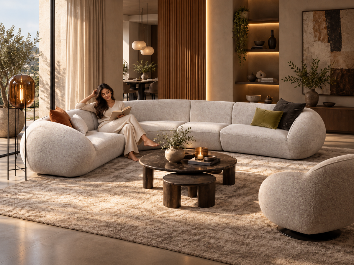 Bubble Corner curved L shape sofa with a woman relaxing in a luxury living room