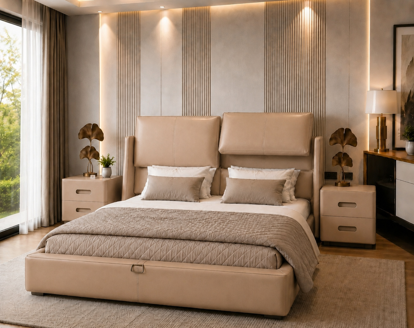 A modern beige upholstered bed with a tall padded headboard and matching footboard, styled in a contemporary bedroom with two matching nightstands, lamps, and a slatted accent wall behind it.