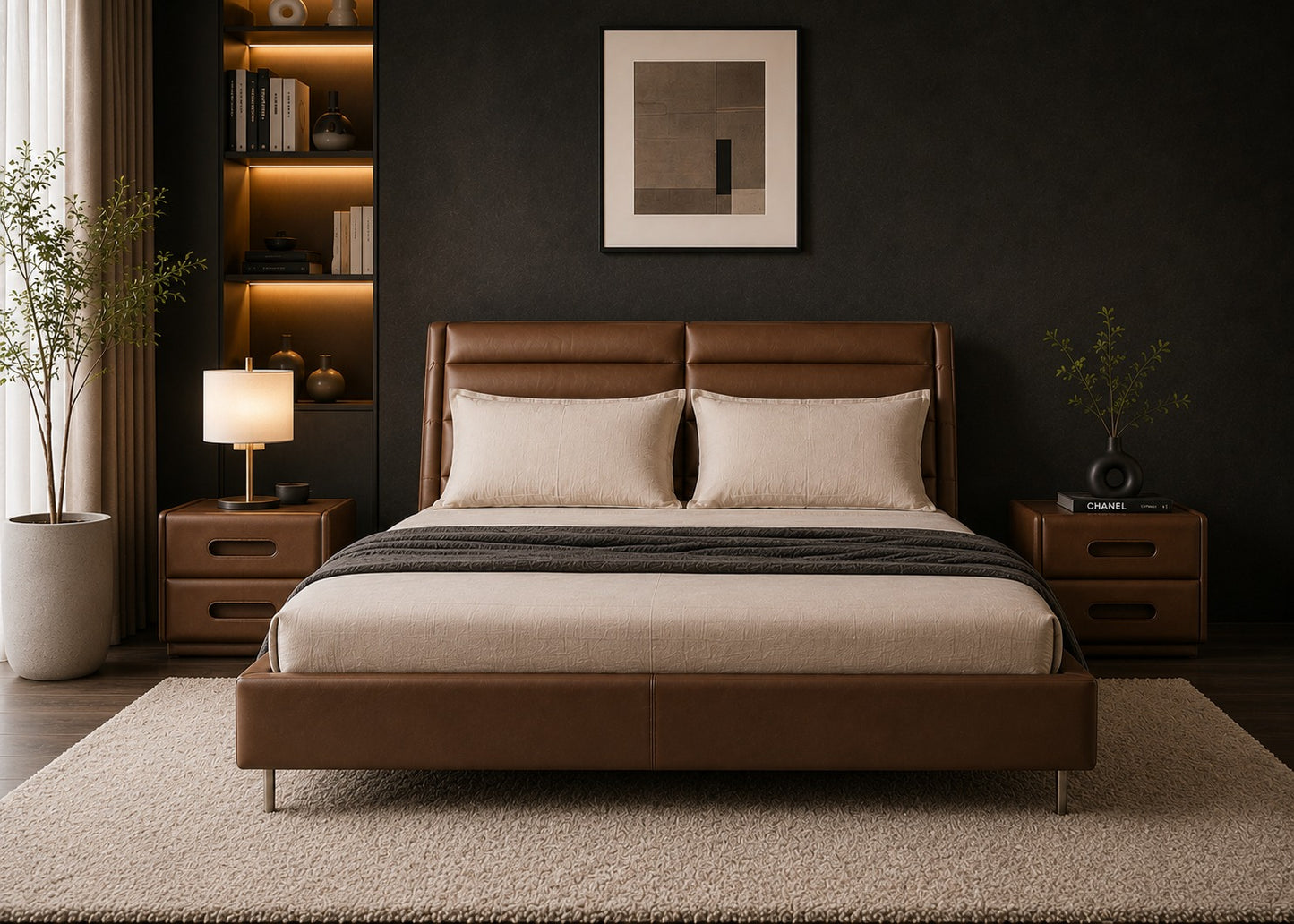 A modern bed with a brown leather frame and matching headboard, dressed in cream bedding and a dark gray throw, set in a dark, stylishly decorated bedroom with a built-in shelving unit, bedside tables, and a textured rug.