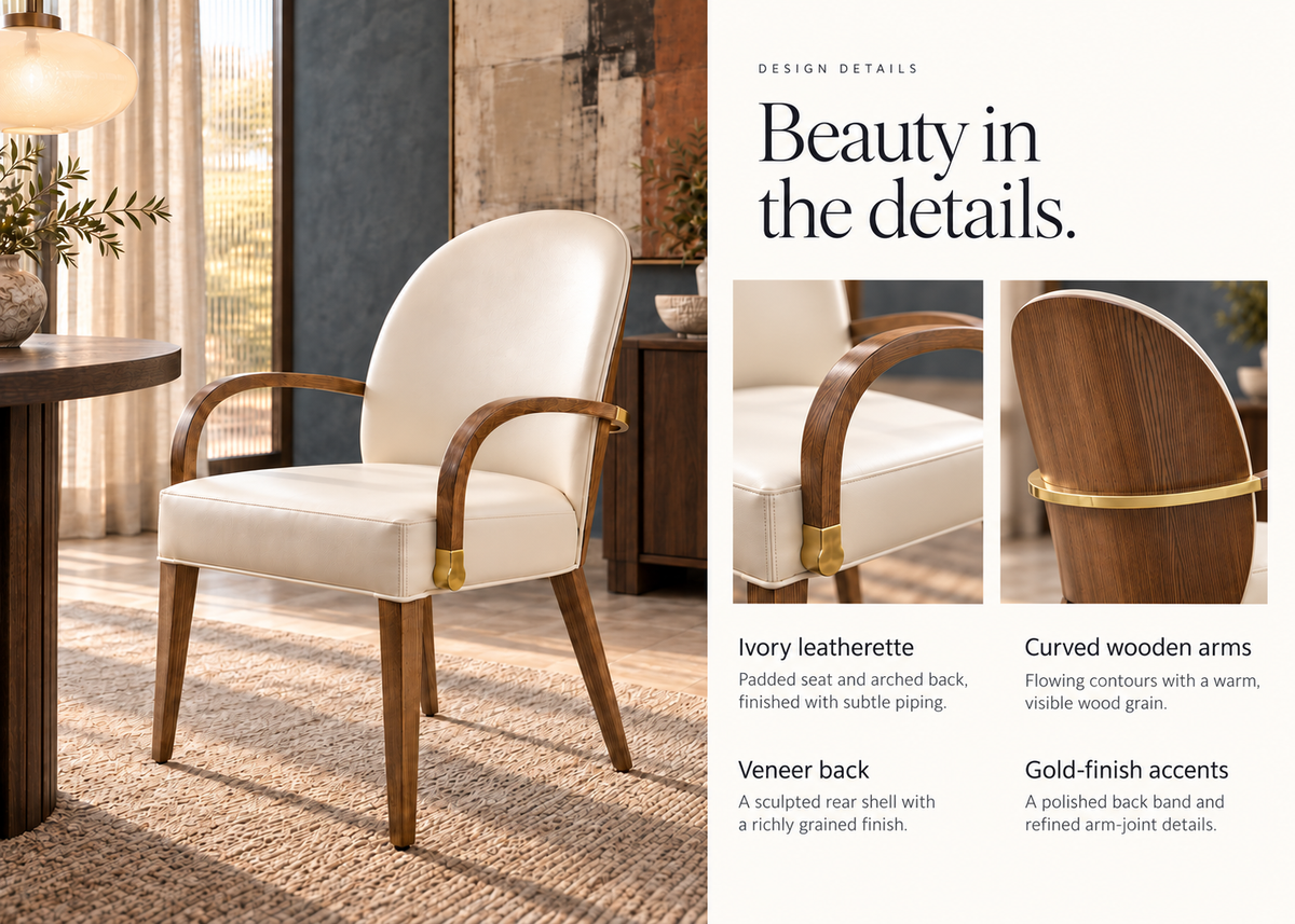 Calora chair design details: ivory leatherette, wooden arms, veneer back and gold-finish accents
