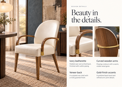 Calora chair design details: ivory leatherette, wooden arms, veneer back and gold-finish accents