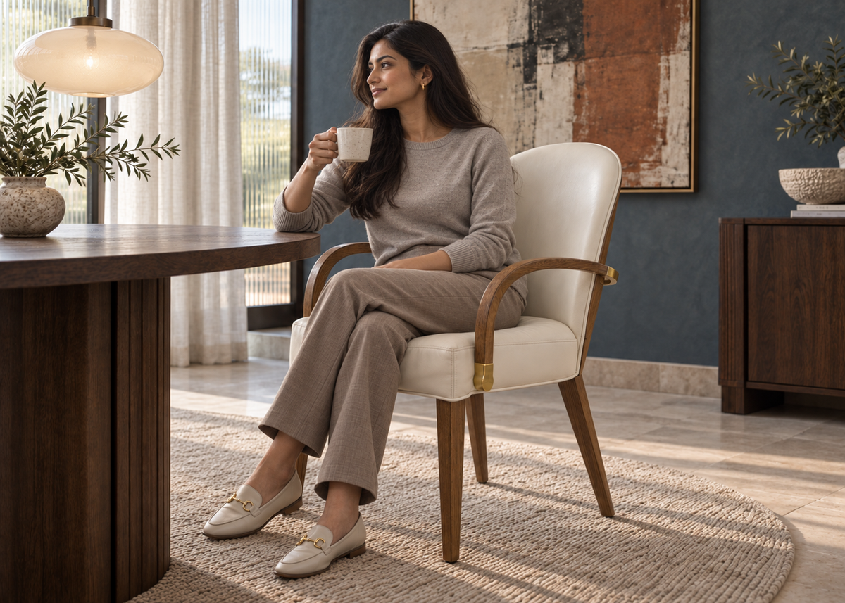Calora chair with a woman enjoying coffee in a contemporary dining room