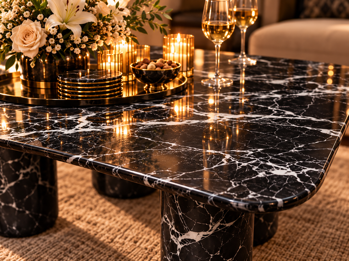 Nero Valora black marble tabletop close-up with glossy polished stone appearance, ivory veining and rounded corners