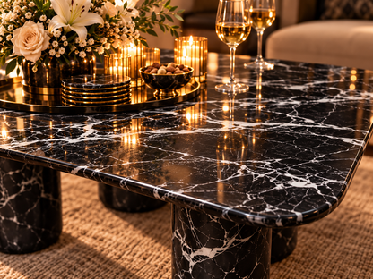Nero Valora black marble tabletop close-up with glossy polished stone appearance, ivory veining and rounded corners