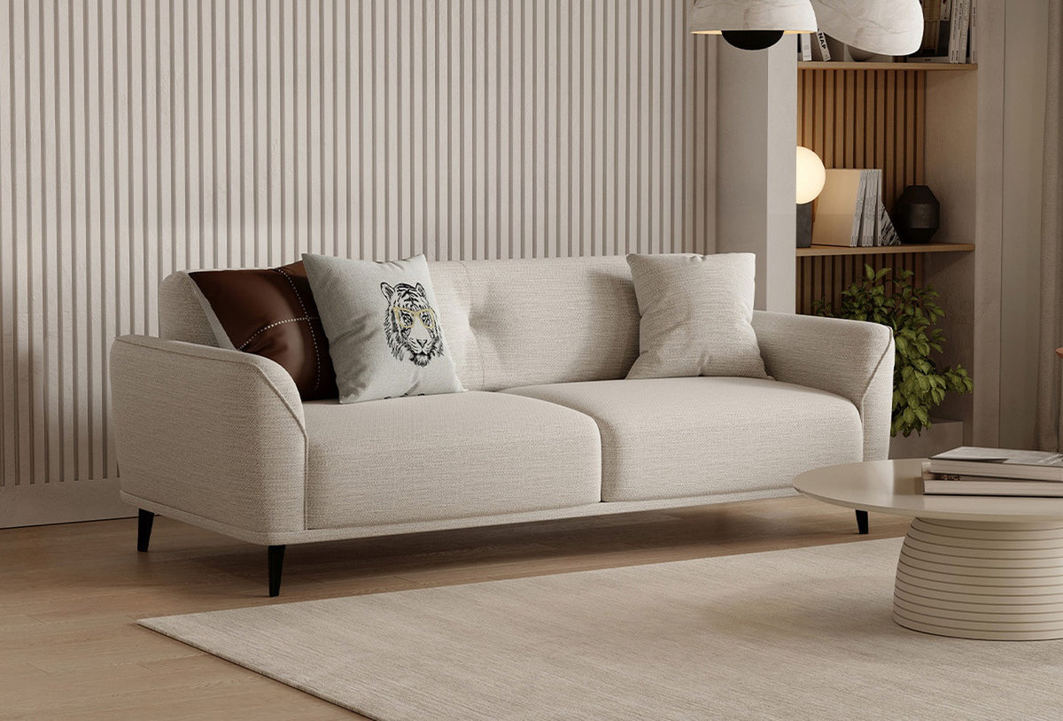 Cante cream linen-textured 2-seater sofa, angled lifestyle view
