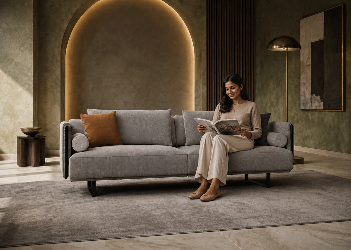 Canton Sofa by Enza Home with an Indian woman in the Olive Gallery interior