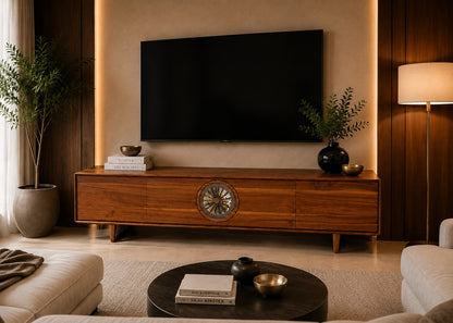 Modern living room with wooden TV stand, television, and decor items.