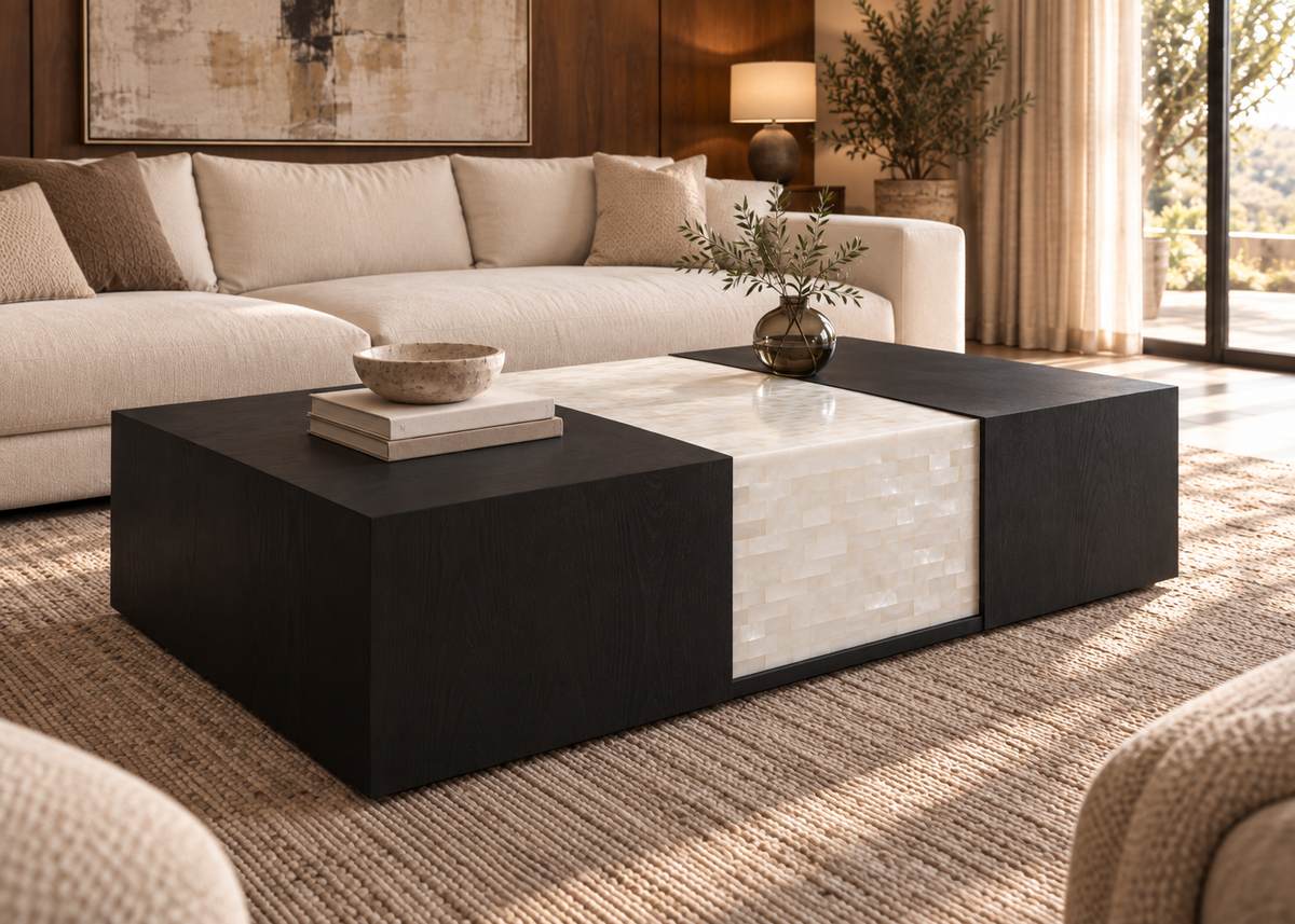 Celenite coffee table from an alternate three-quarter angle