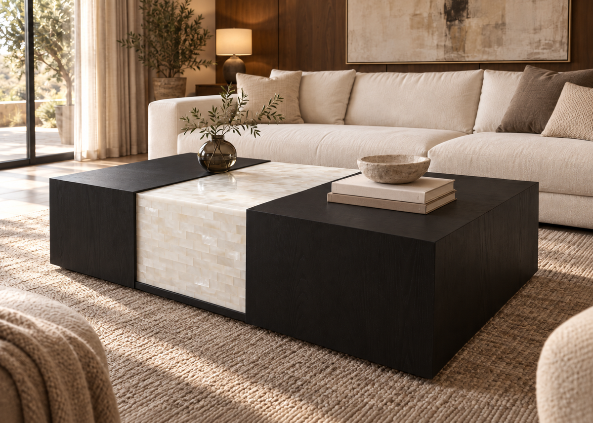 Celenite coffee table in a warm contemporary living room