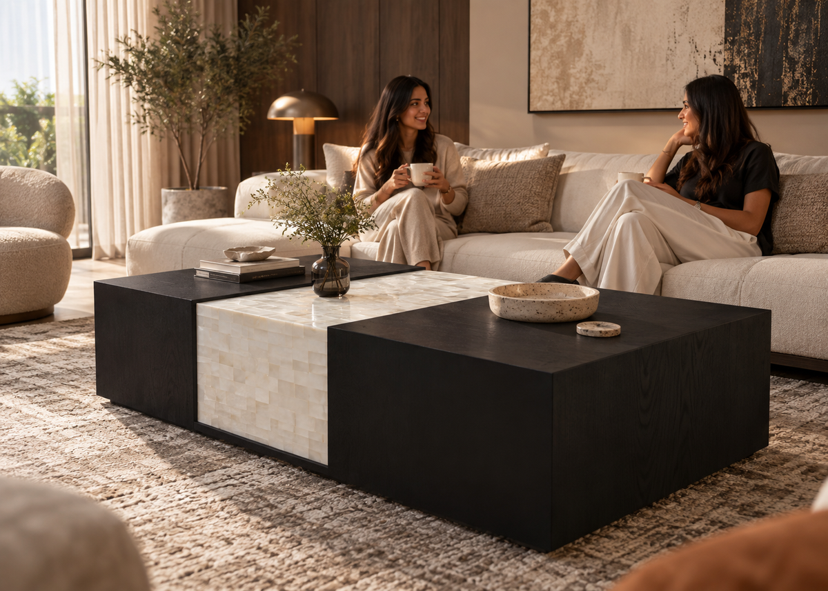 Celenite coffee table in a luxury living room with two people