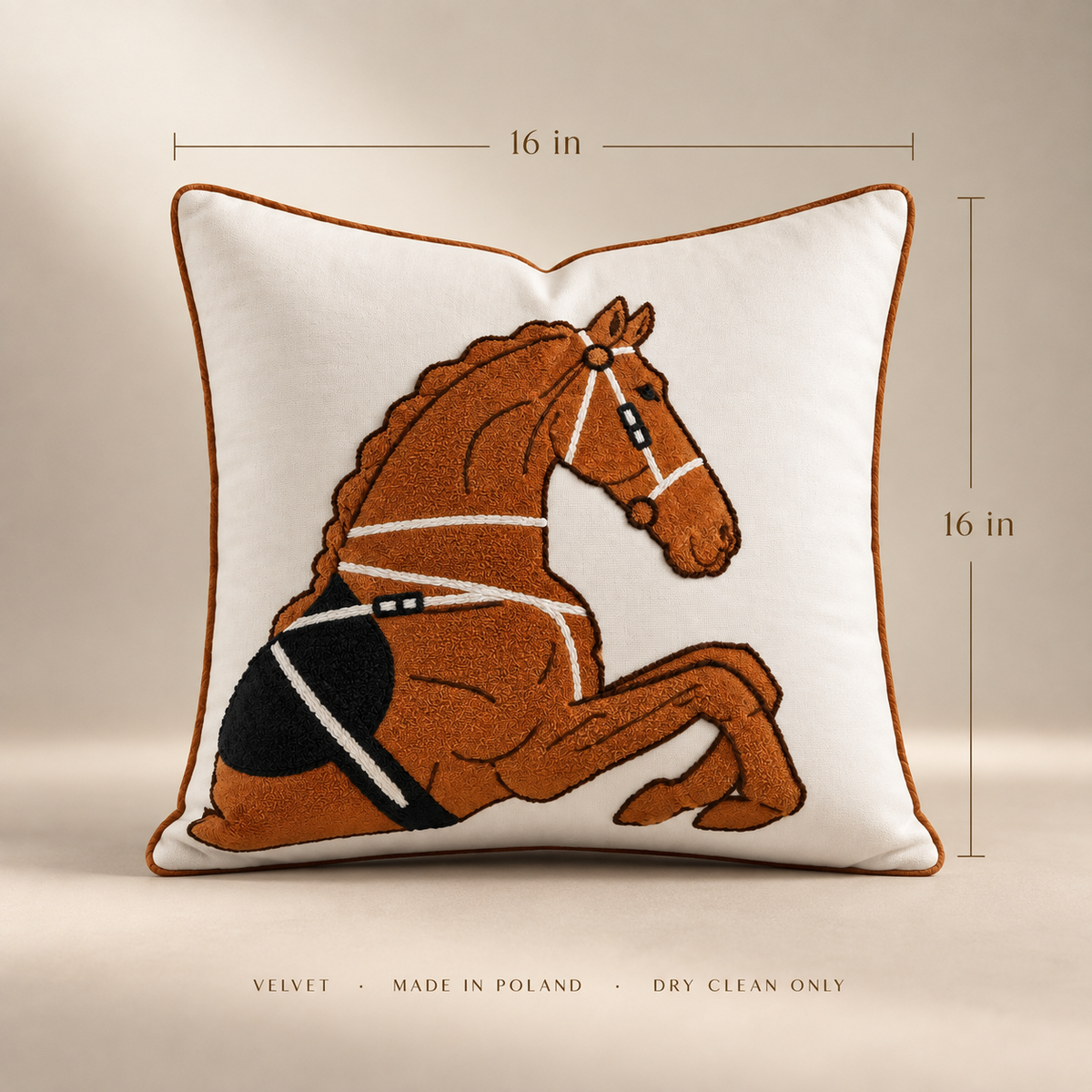 Cheval Equestrian Cushion 16 by 16 inch dimensions, velvet, made in Poland, dry clean only