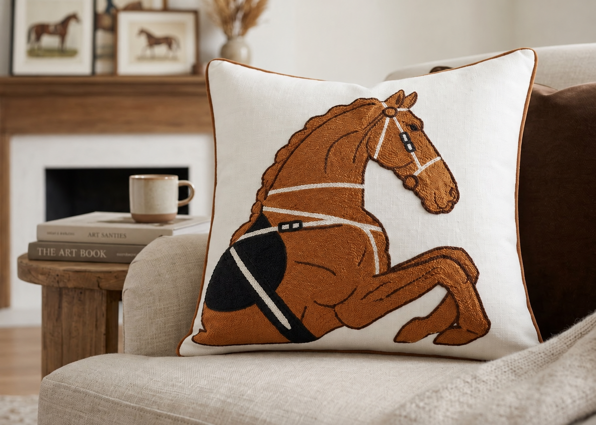 Cheval Equestrian Cushion styled in a warm luxury living room