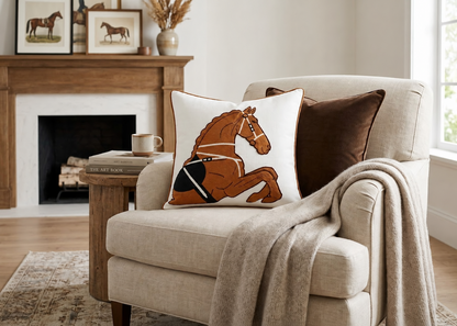 Cheval Equestrian Cushion in a softly lit equestrian-inspired interior