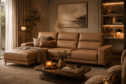 Cozy living room with a brown sectional sofa, coffee table, and decorative items.