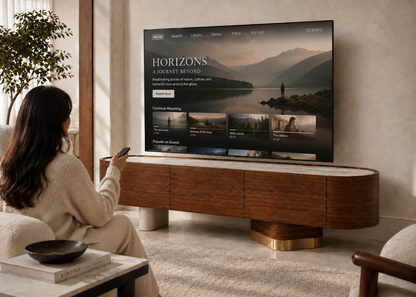A woman sits in a living room, holding a remote in front of a large flat-screen TV that displays the Horizon: A Open World Adventure game menu. The TV is mounted above a modern curved wooden media console with gold metal legs, set in a warm, contemporary living room.