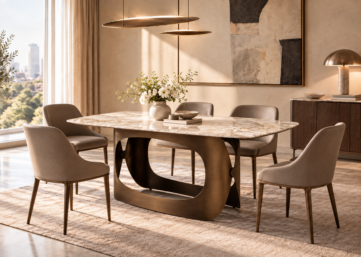 A modern dining room scene featuring a rectangular marble-top dining table with a sculptural bronze base, surrounded by six upholstered dining chairs in a warm neutral setting.