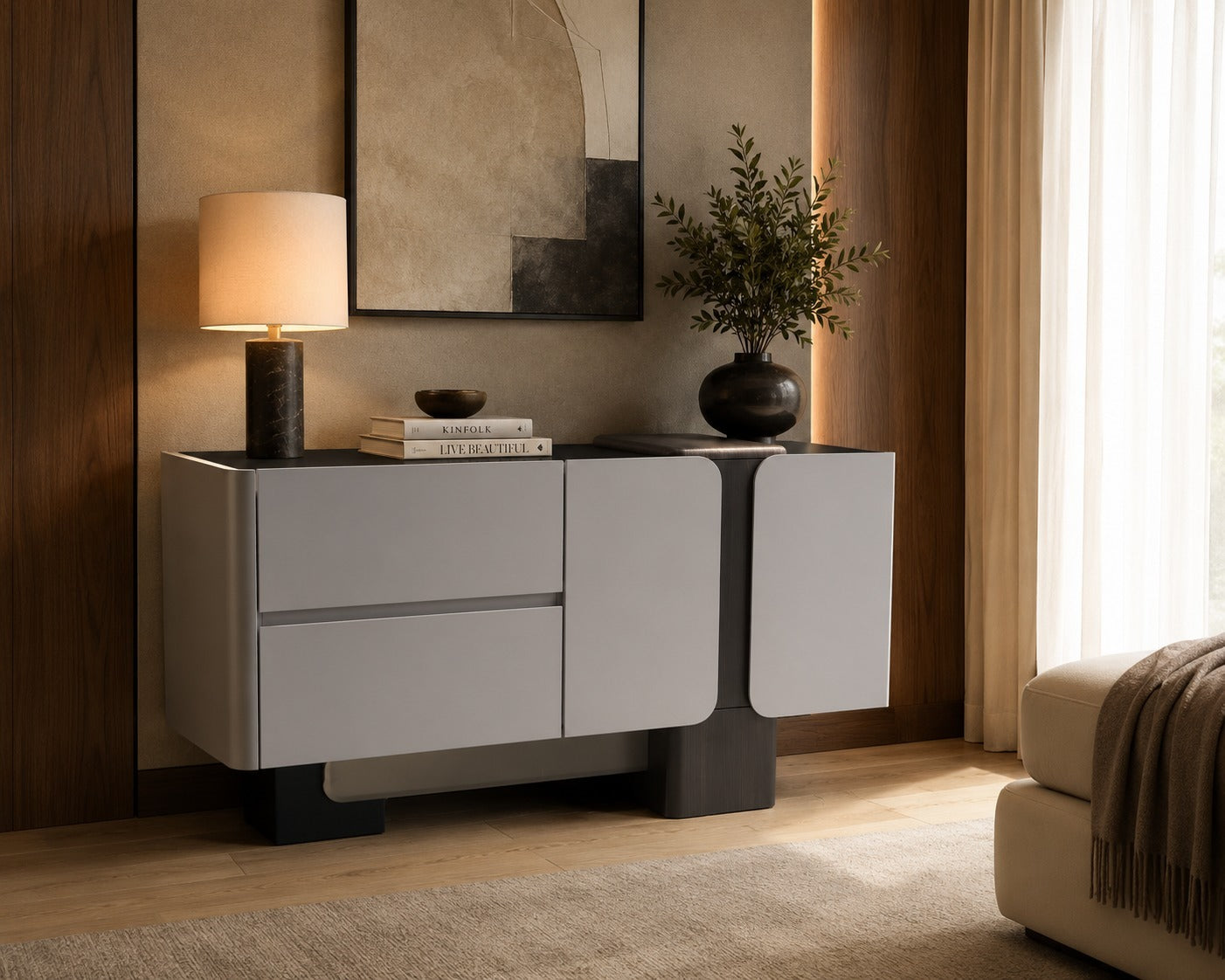 Modern sideboard in a living room setting with decor elements.