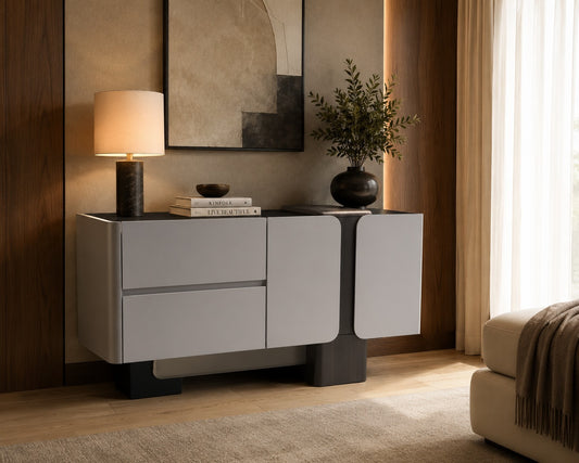 Modern sideboard in a living room setting with decor elements.