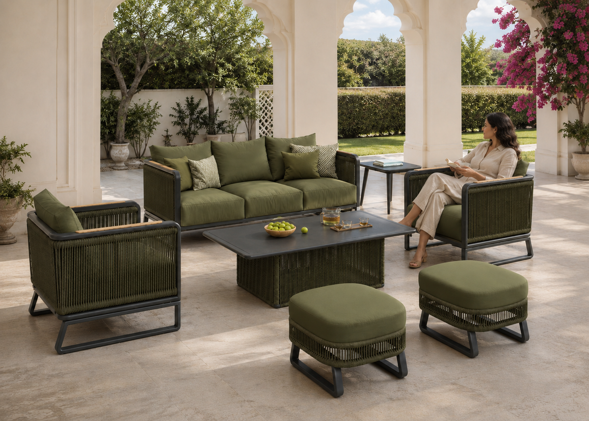 Daisy outdoor sofa set with an Indian woman seated in a bright garden loggia