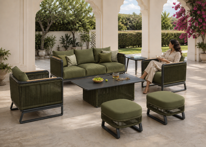 Daisy outdoor sofa set with an Indian woman seated in a bright garden loggia