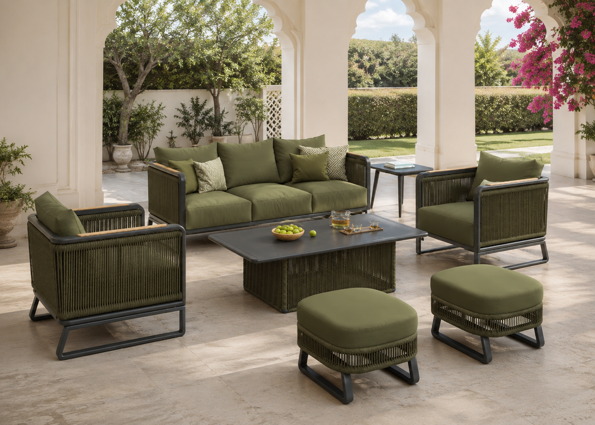 Daisy outdoor sofa set in a bright Jaipur-inspired garden loggia