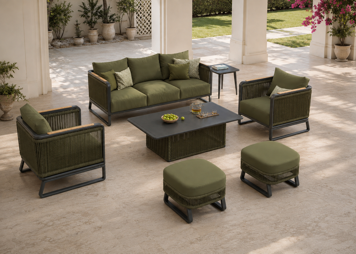 Elevated view of the Daisy outdoor sofa collection in a luxury garden loggia