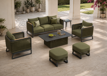 Elevated view of the Daisy outdoor sofa collection in a luxury garden loggia