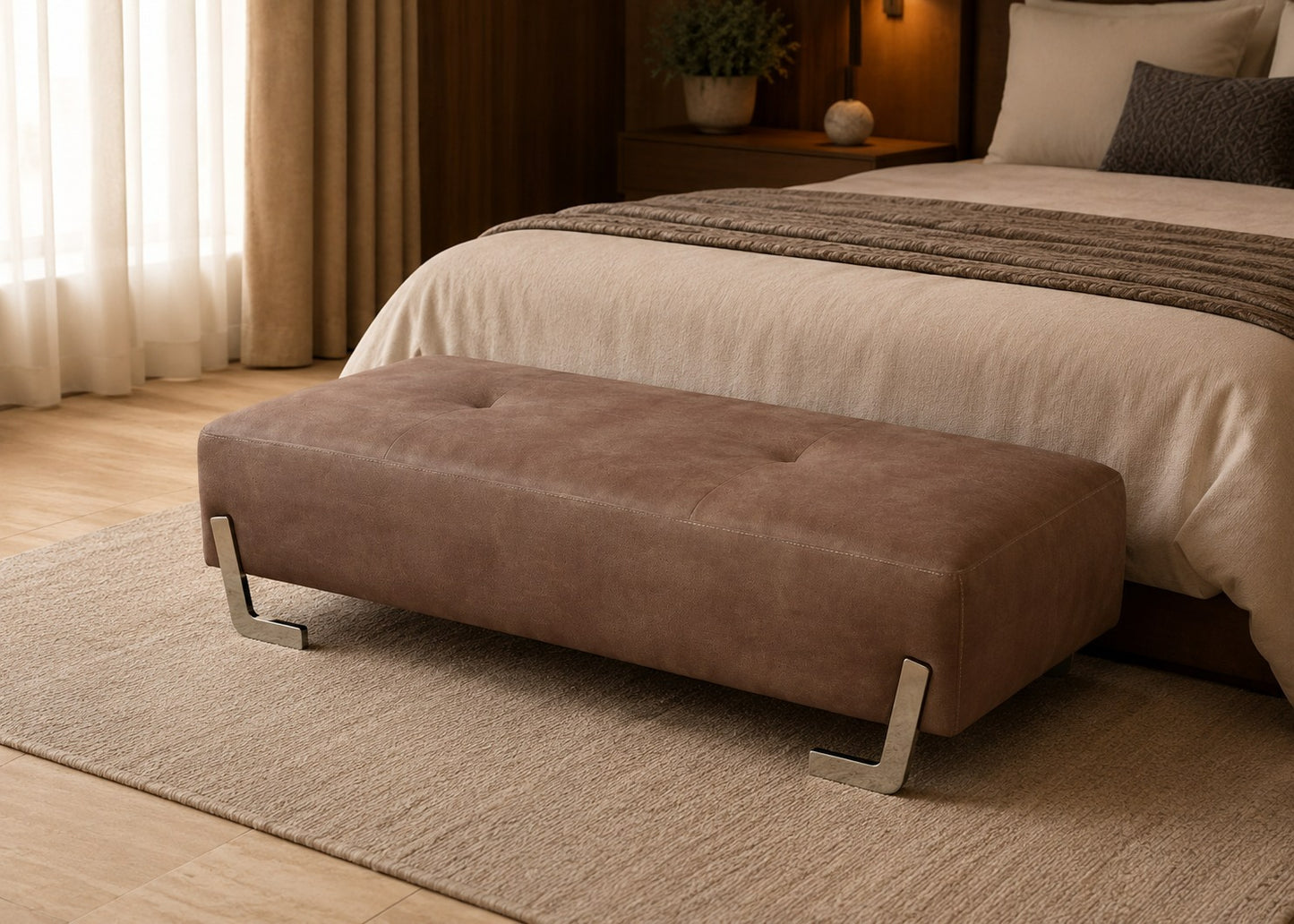 Brown ottoman in front of a bed in a bedroom setting