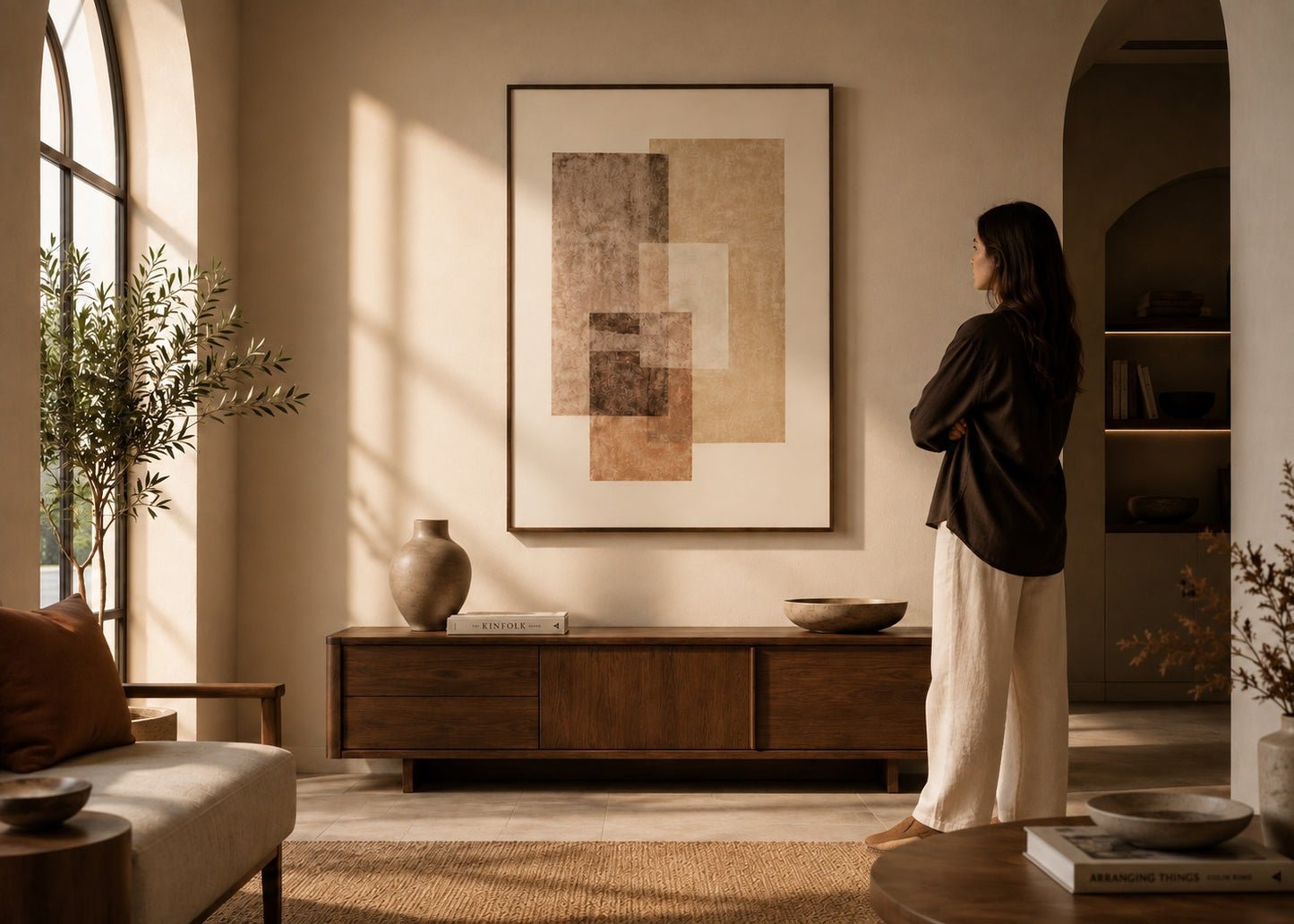 A woman stands in a sunlit living room, looking at a large framed abstract wall art piece hanging above a wooden console. The artwork features layered beige, tan, and brown geometric blocks.