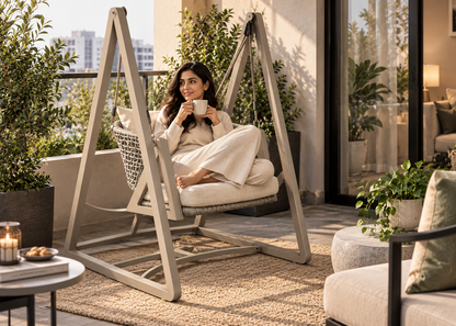 A woman relaxes in a large outdoor swing chair on a modern balcony, holding a white mug. The swing has a light gray metal frame and a woven seat cushion.