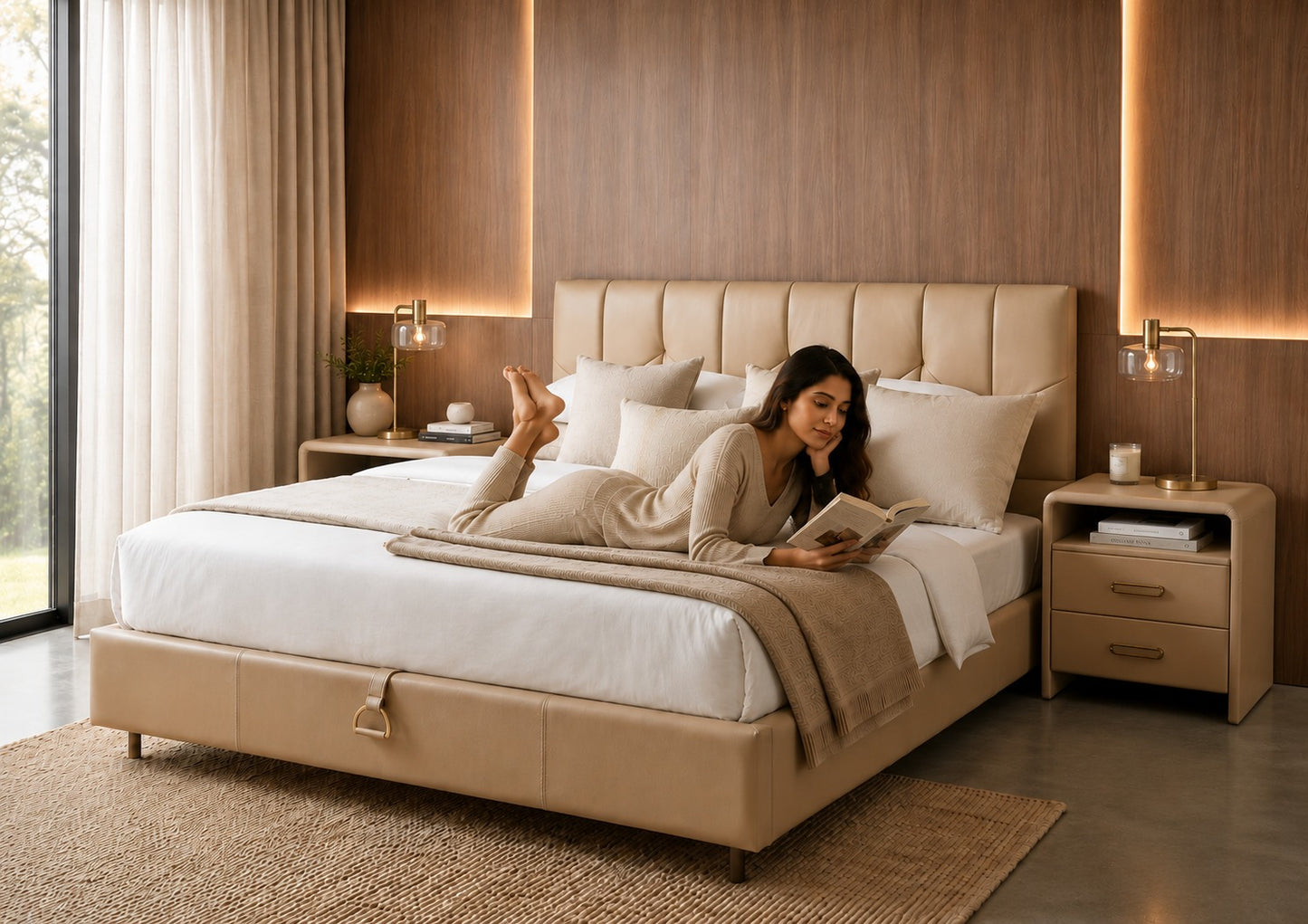 A woman lies on a beige upholstered bed in a modern bedroom, reading a book. The bed has white bedding, a tufted headboard, matching footboard, and bedside tables with lamps.