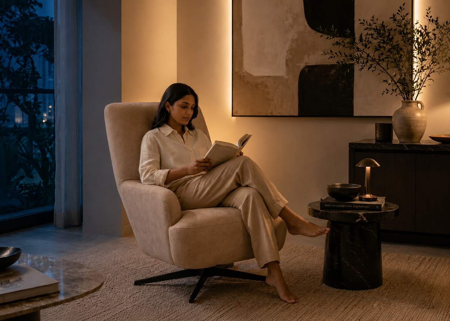 Woman reading a book in a cozy living room with warm lighting.