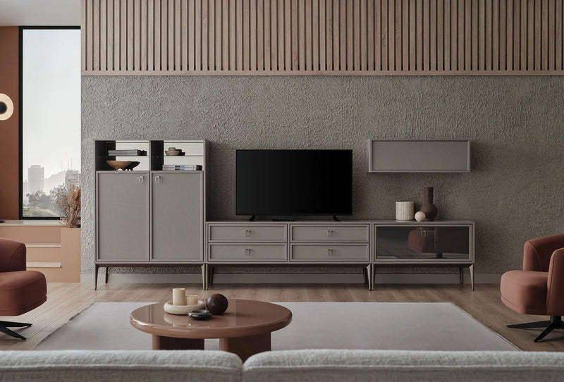 Hera TV Unit - textured panels with metallic handles