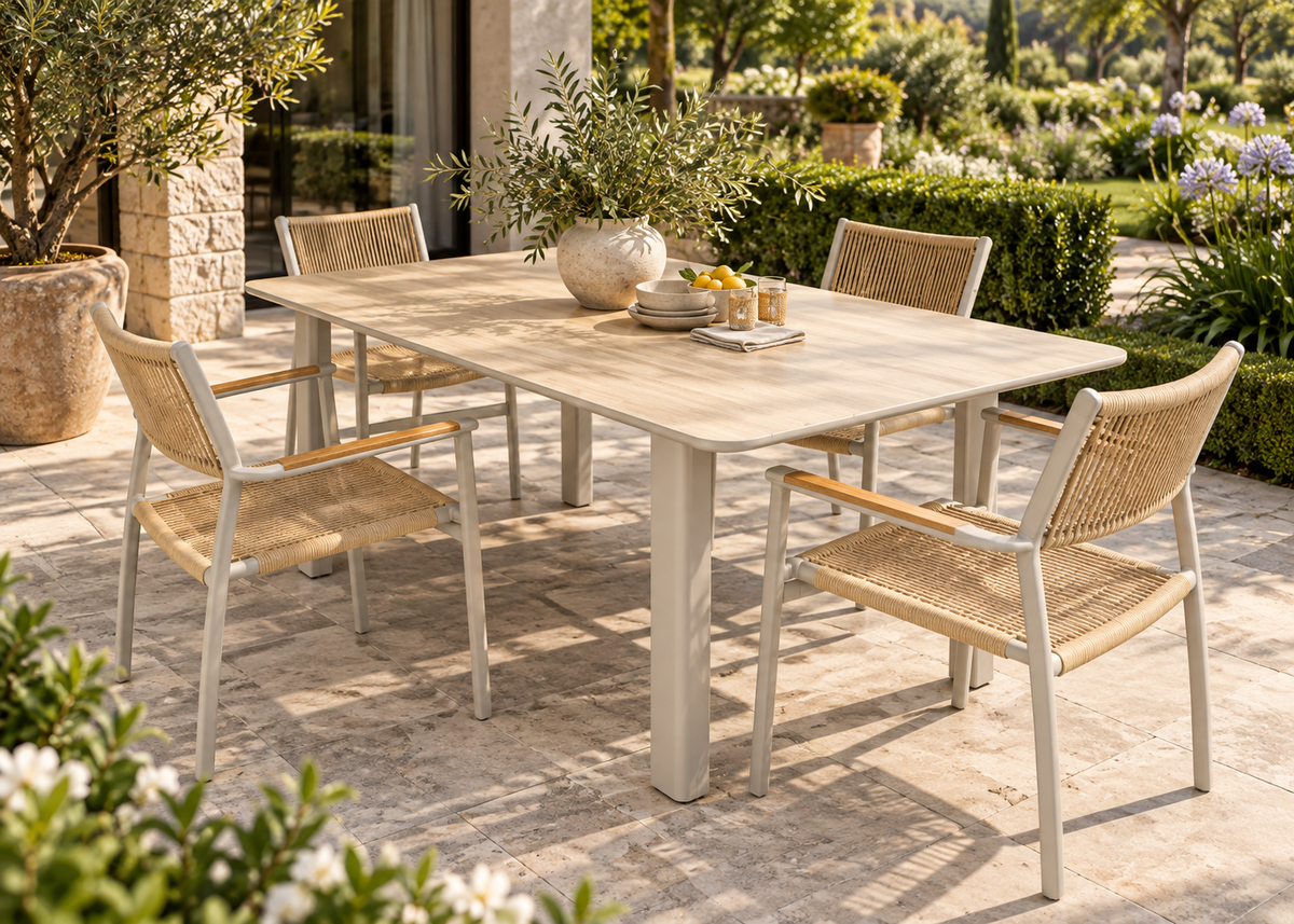 An outdoor dining set featuring a rectangular light beige stone-look table with a thick central pedestal leg, surrounded by four matching armchairs with woven beige rope seats and backs and light gray metal frames. The set is styled on a stone patio with a green garden background.