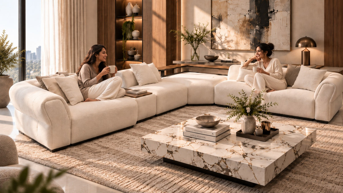 A modern U-shaped sectional sofa in warm off-white upholstery, styled in a luxurious living room with two women sitting on it. The room features a marble coffee table, a textured rug, and warm wood paneling.